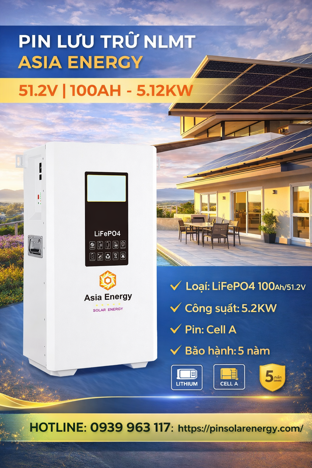 Pin lưu trữ NLMT Asia Energy 51.2V 100AH-5.12kW