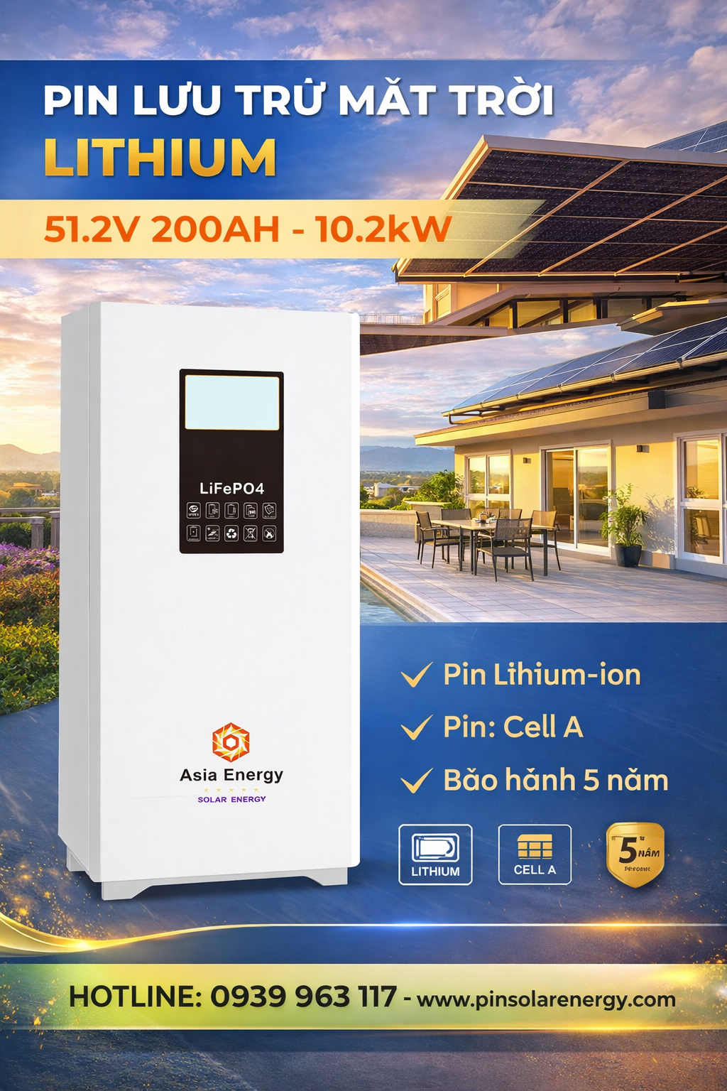 Pin lưu trữ mặt trời Asia Energy 51.2V 200AH-10.2kW