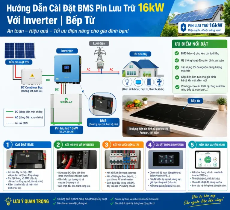 Hướng Dẫn Cài Đặt BMS Pin Lưu Trữ 16kW Với Inverter Bếp Từ